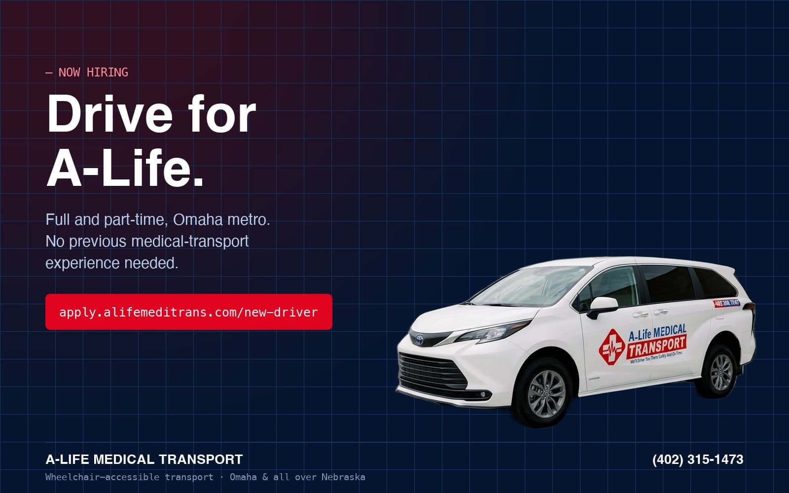 A-Life Medical Transport is hiring drivers in the Omaha metro. Apply at apply.alifemeditrans.com/new-driver.